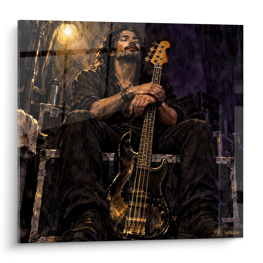 Schilderij Bassist bruin en goud zittend op flightcases - Pauze na het concert - Rockeditie