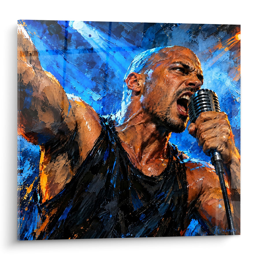 Schilderij Zanger met vintage microfoon blauw en zwart - Schreeuw op het podium - Rock Editie