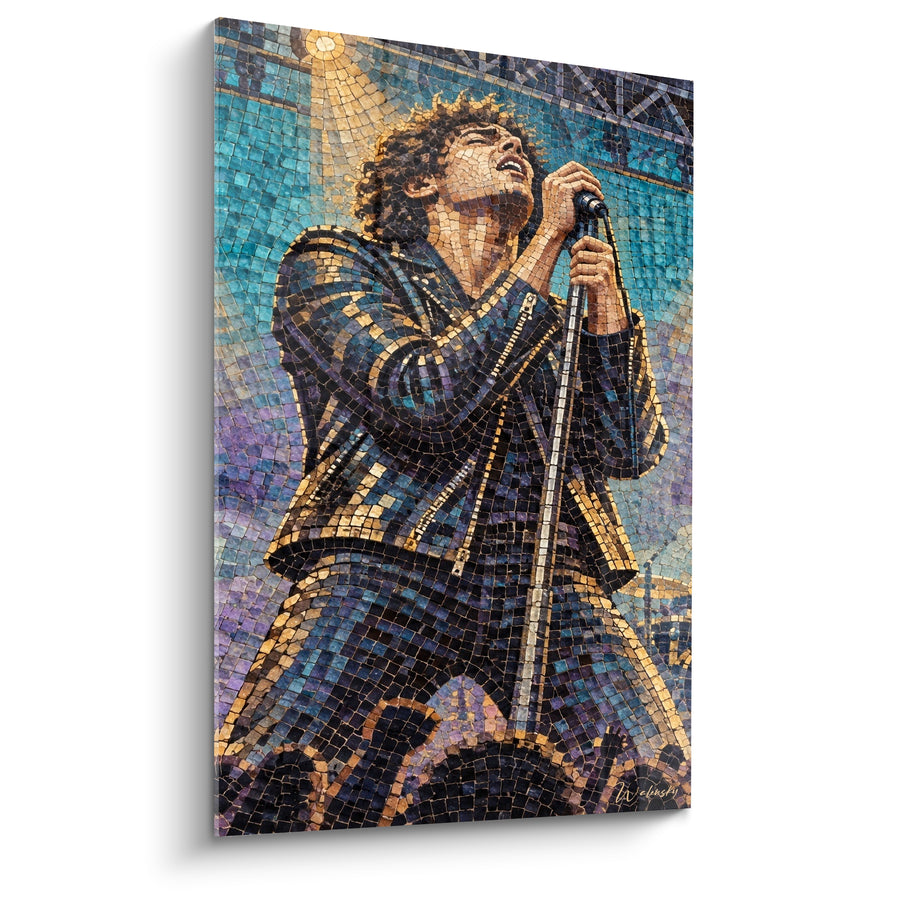 Tableau Chanteur en mosaïque turquoise et dorée au micro - Effet de tesselles - Edition Rock