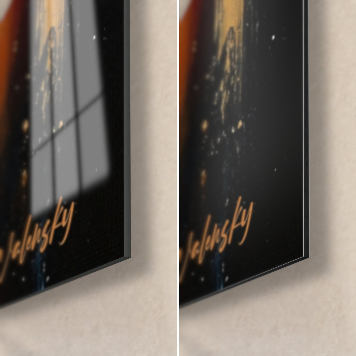 Tableau musicien doré au poing levé, coin bas droit: verre acrylique brillant à gauche, Dibond noir mat à droite