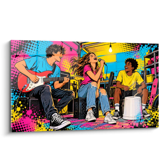 Tableau Groupe d'adolescents jouant dans un garage - Répétition improvisée - Edition Rock