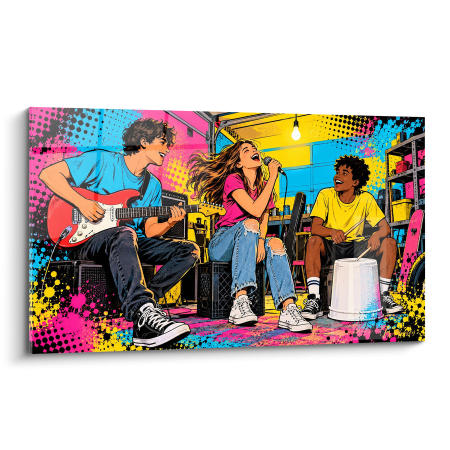Tableau Groupe d'adolescents jouant dans un garage - Répétition improvisée - Edition Rock