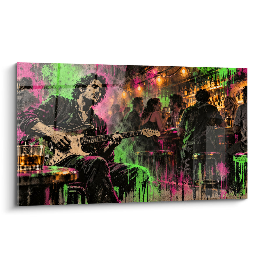 Tableau Guitariste assis dans un bar rose et vert - Mélodie nocturne - Edition Rock