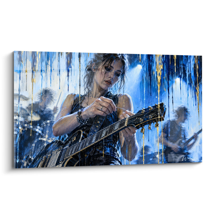 Tableau Guitariste noire et dorée réglant les cordes - Batteur en arrière plan - Edition Rock