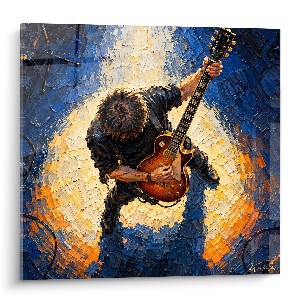 Tableau guitariste rock bleu marine et doré, empâtements épais, scène vue en plongée sous projecteur