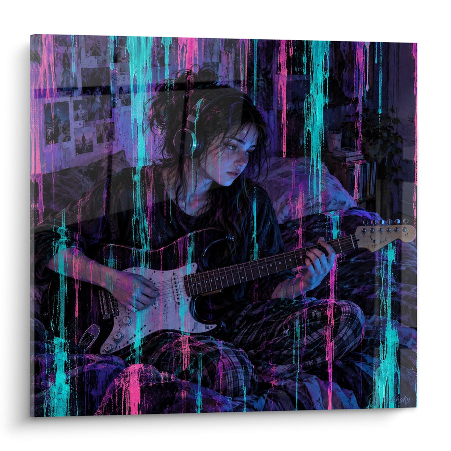 Schilderij Jonge gitariste met turquoise en paarse druipsporen - Muzikaal toevluchtsoord - Editie Rock