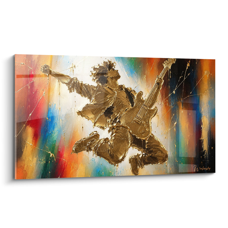 Tableau Guitariste doré bondissant fond multicolore - Saut électrique - Edition Rock