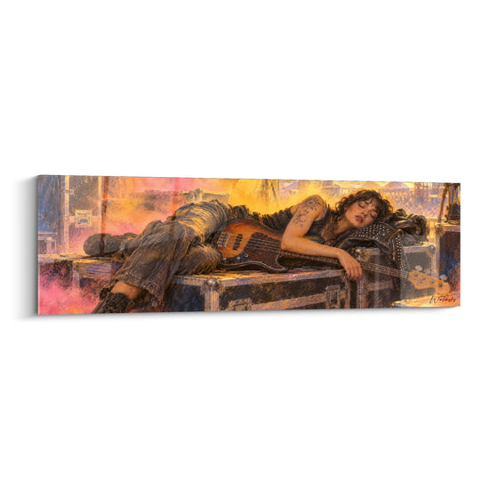 Tableau Guitariste allongée en ocre et noir - Sommeil après le concert - Edition Rock