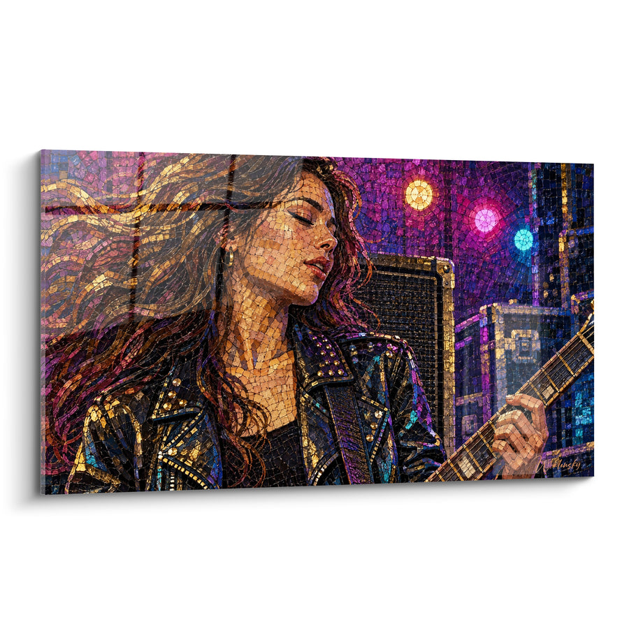 Tableau Guitariste en veste cloutée dorée et violette - Spots lumineux en mosaïque - Edition Rock