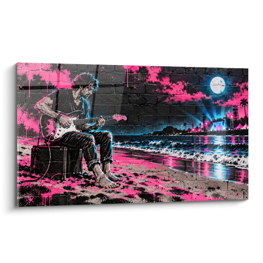 Tableau Guitariste pieds nus en rose et bleu - Solo face à l'océan - Edition Rock
