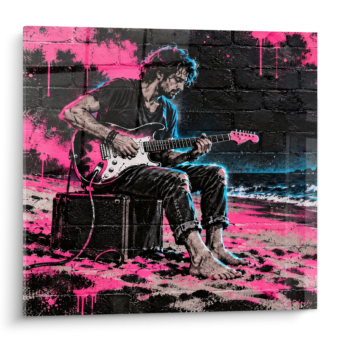 Tableau guitariste rose fluo jouant pieds nus sur sable gris face aux vagues bleu pastel