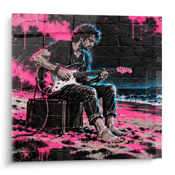 Tableau Guitariste pieds nus rose et noir - Solo face à l'écume - Edition Rock