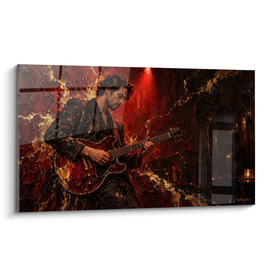 Tableau Guitariste rouge et doré sur scène - Solo nocturne - Edition Rock