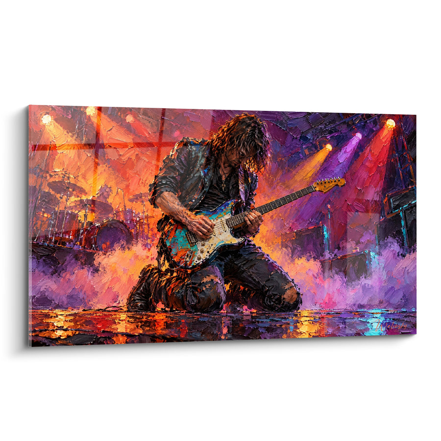Tableau Guitariste agenouillé sous projecteurs violets et orangés - Transe sur scène - Edition Rock