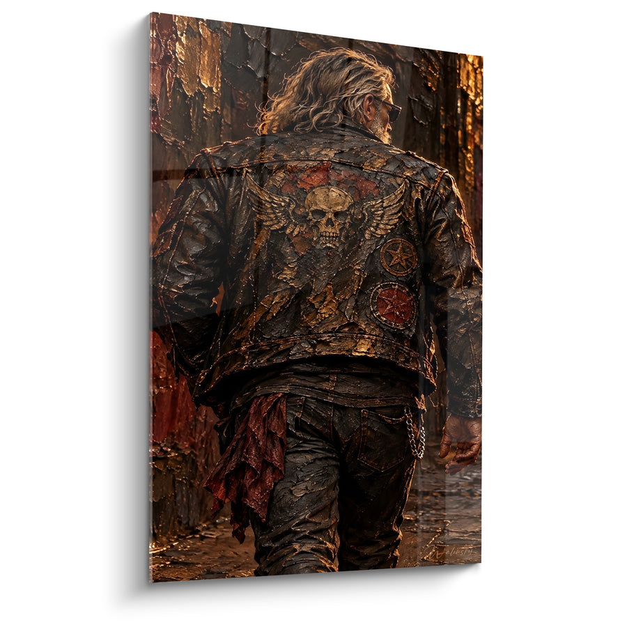 Tableau Motard veste noire et dorée au crâne ailé - Chemin solitaire - Edition Rock