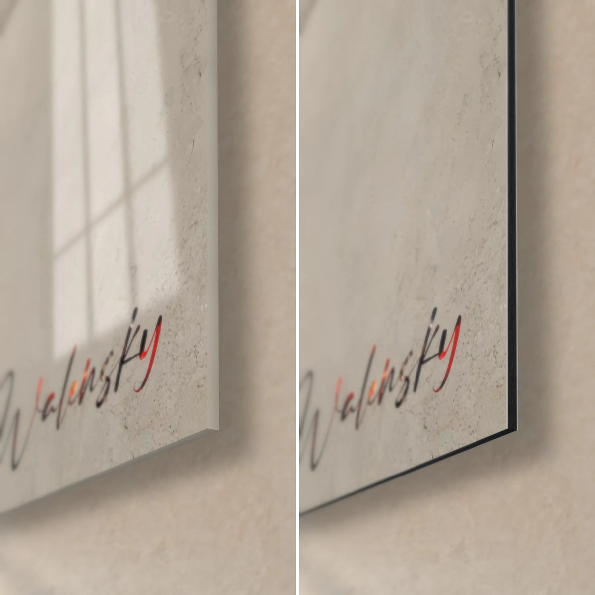 Obraz muzyka rockowego w krwistej czerwieni, prawy dolny róg: błyszczące szkło i refleksy, matowe Dibond w perłowej szarości, krawędź 3 mm