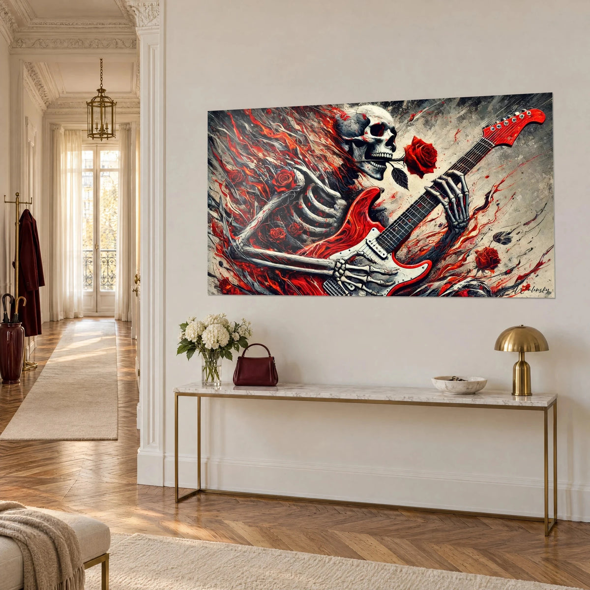 Schilderij rockschedel die een scharlakenrode Stratocaster bespeelt, rode vlammen op ivoren achtergrond, gouden console in driekwart