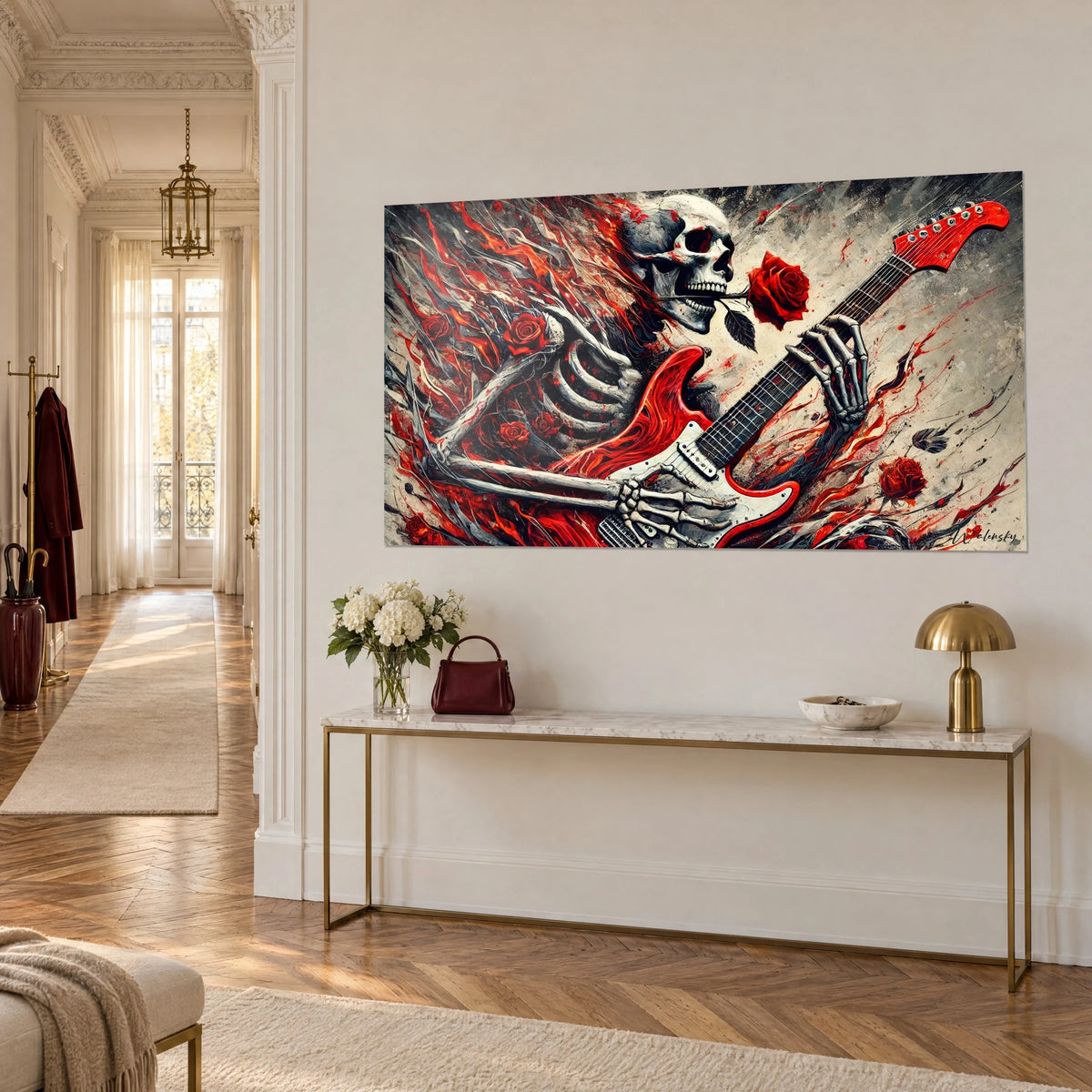 Cuadro calavera rockera tocando una Stratocaster escarlata, llamas rojas sobre fondo marfil, consola dorada en tres cuartos