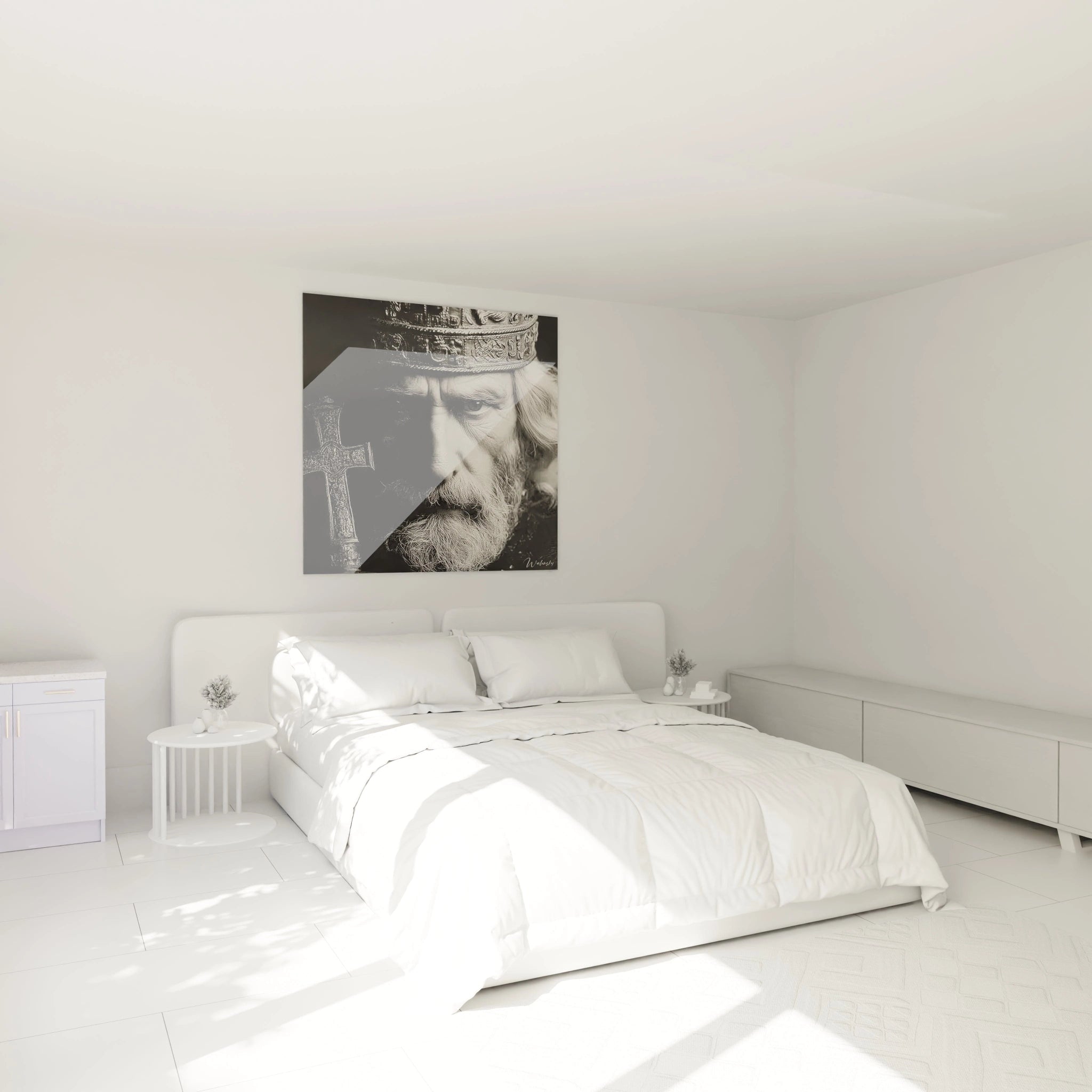 tableau roi barbe d'argent Walensky accroché au dessus d un lit blanc minimaliste dans une chambre lumineuse