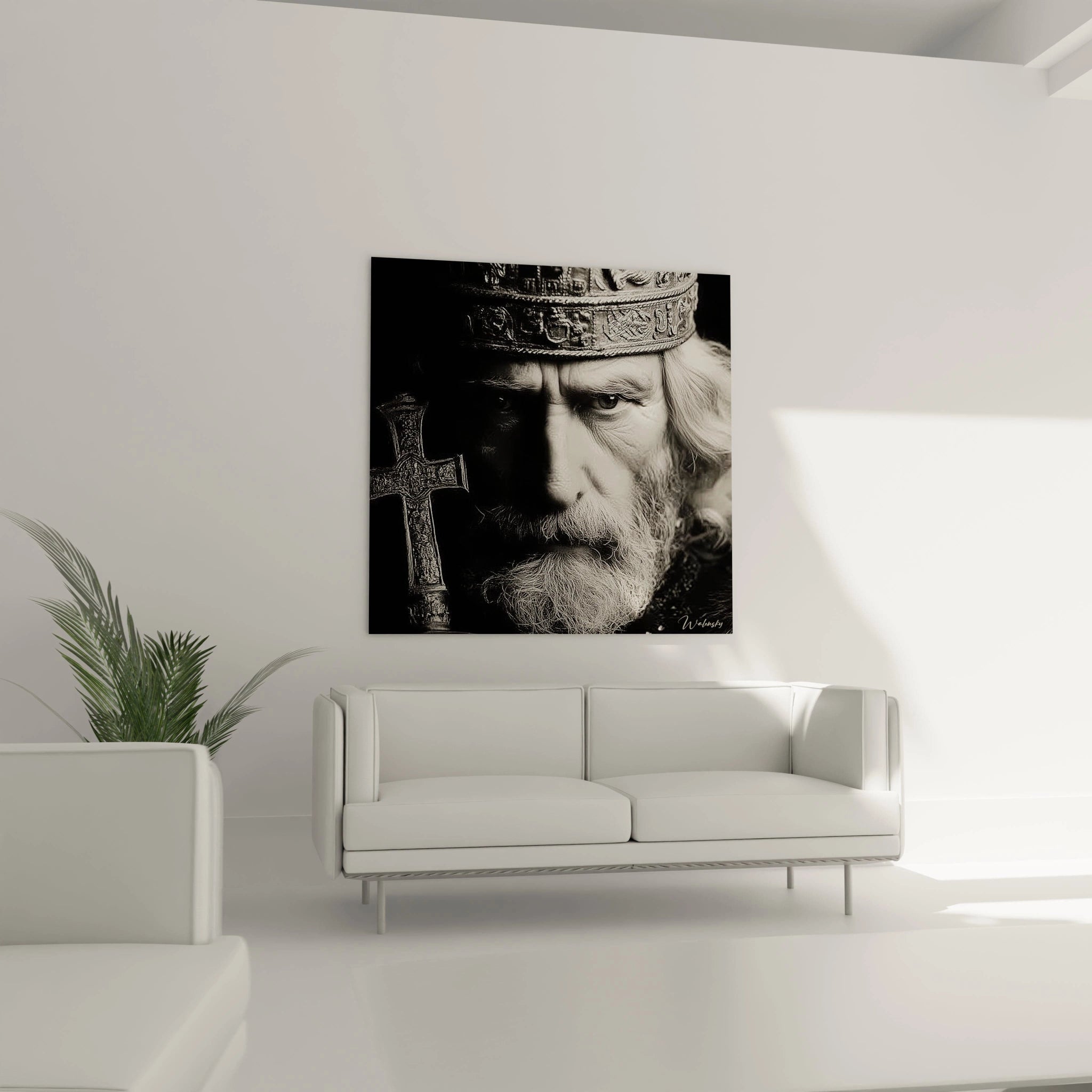 Tableau mural Walensky portrait noir et blanc d'un roi à la barbe argentée tenant une croix tableau roi barbe d'argent