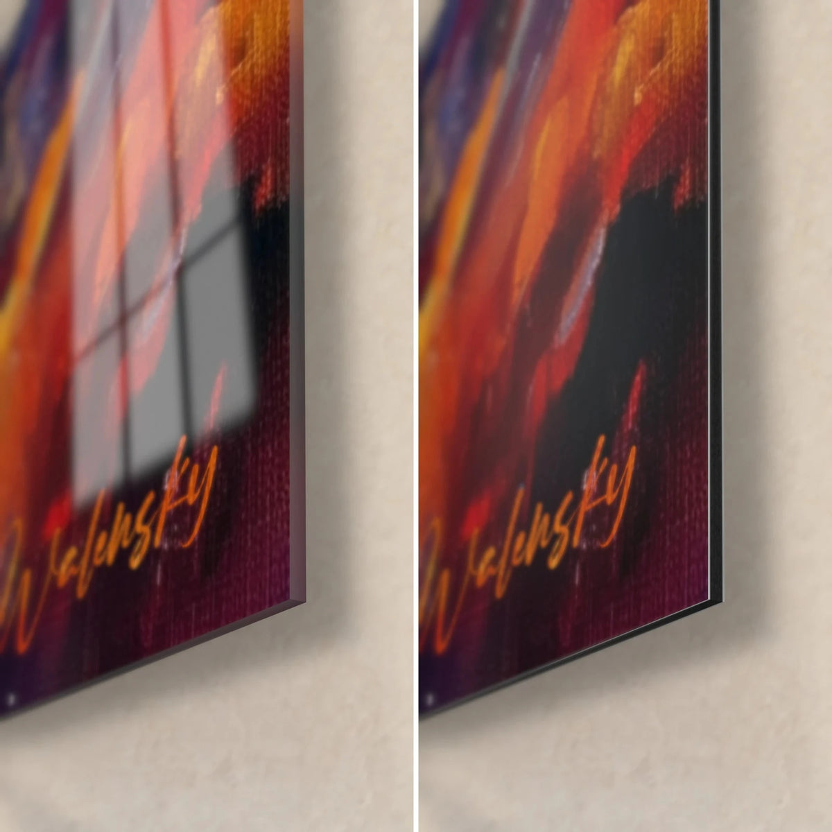 Wall art of a monarch with orange drips on a dark background, bottom right corner: glossy acrylic glass and matte Dibond, 3 mm edge