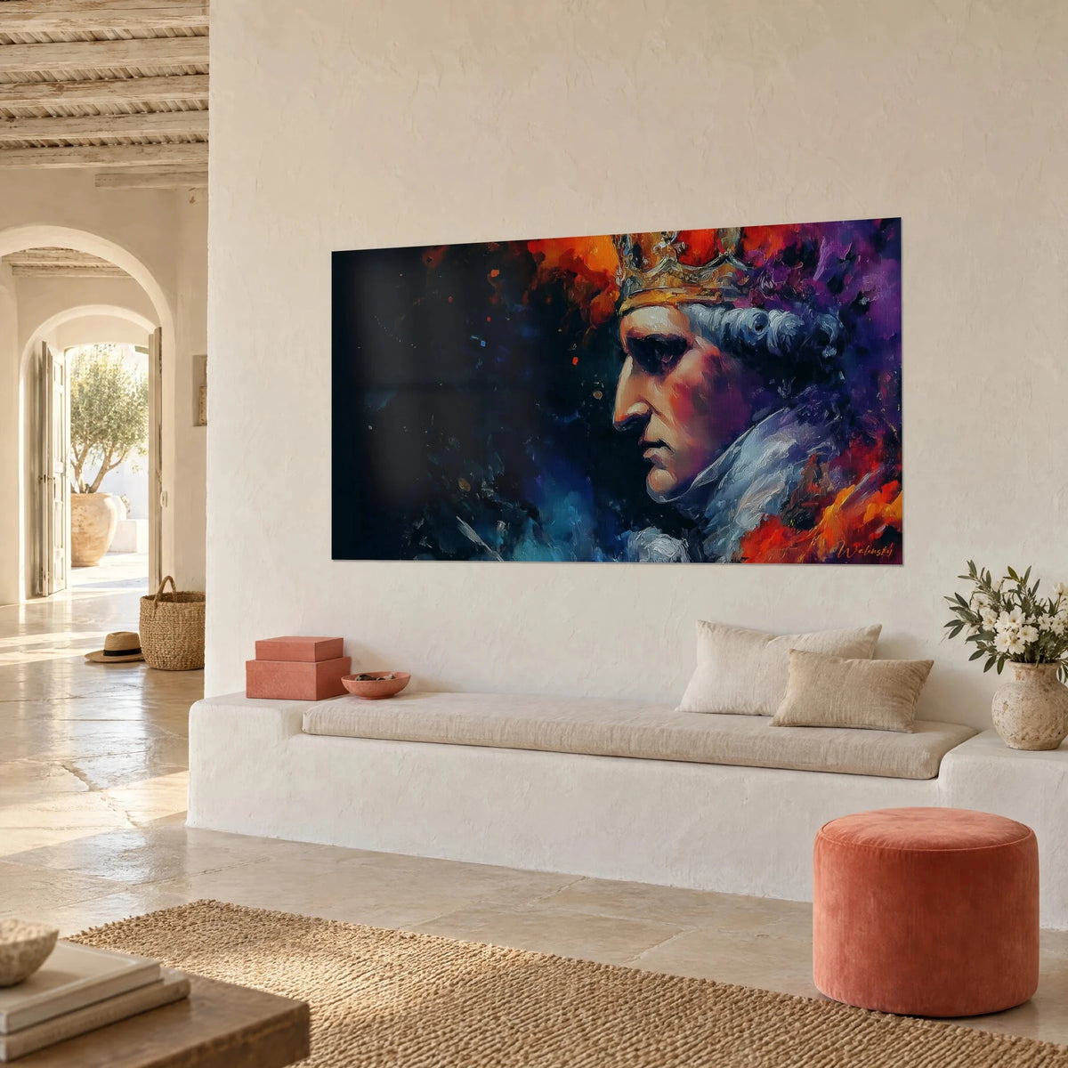 Wall art royal portrait with a golden crown, deep blue-black background and red accents, on a white wall beside a stone bench