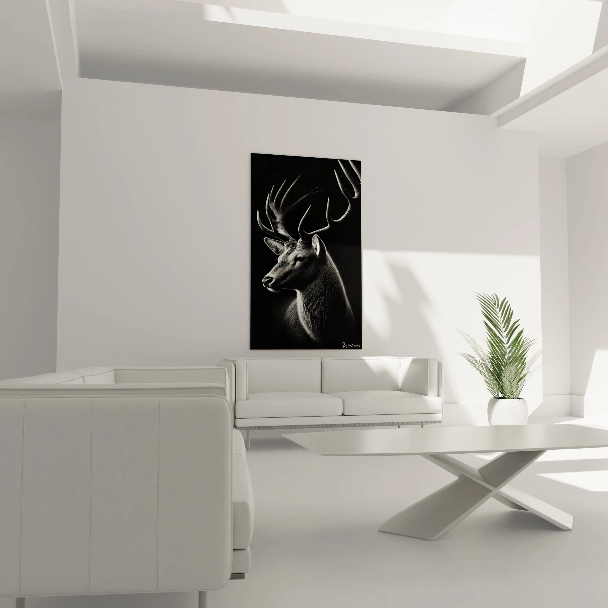 tableau cerf au-dessus d’un canapé dans un salon minimaliste noir blanc et gris cerf majestueux lumière et ombres ajoutent sophistication et profondeur ambiance intemporelle et élégante

