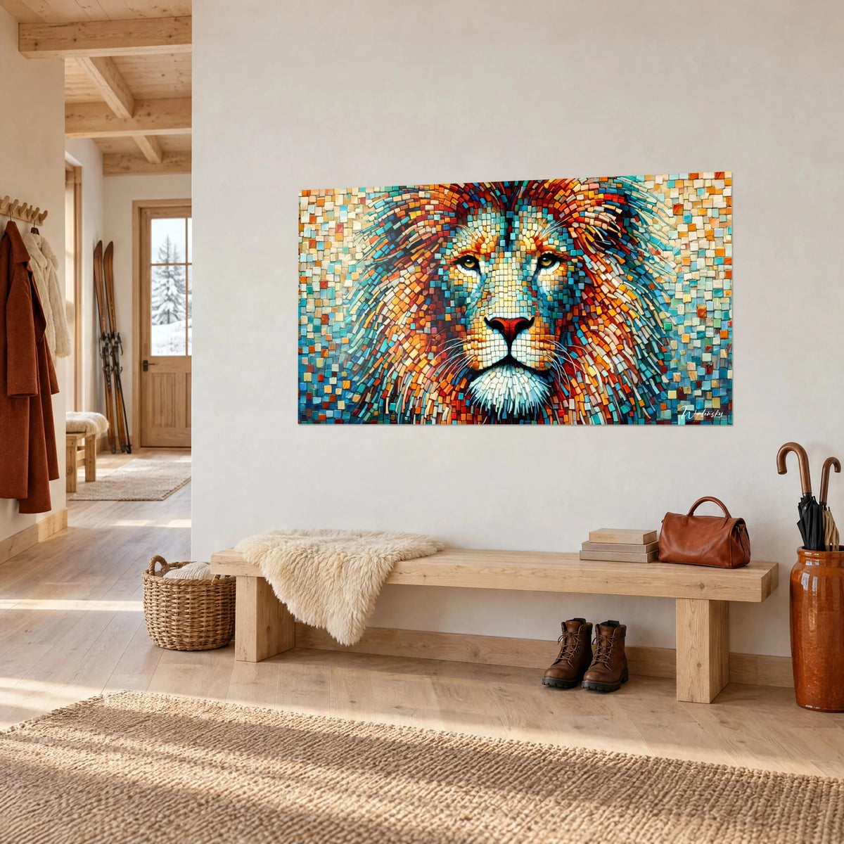 Tableau roi des animaux, regard doré et museau rouge brique, mosaïque éclatante, sur un mur de chalet près d'un banc en bois