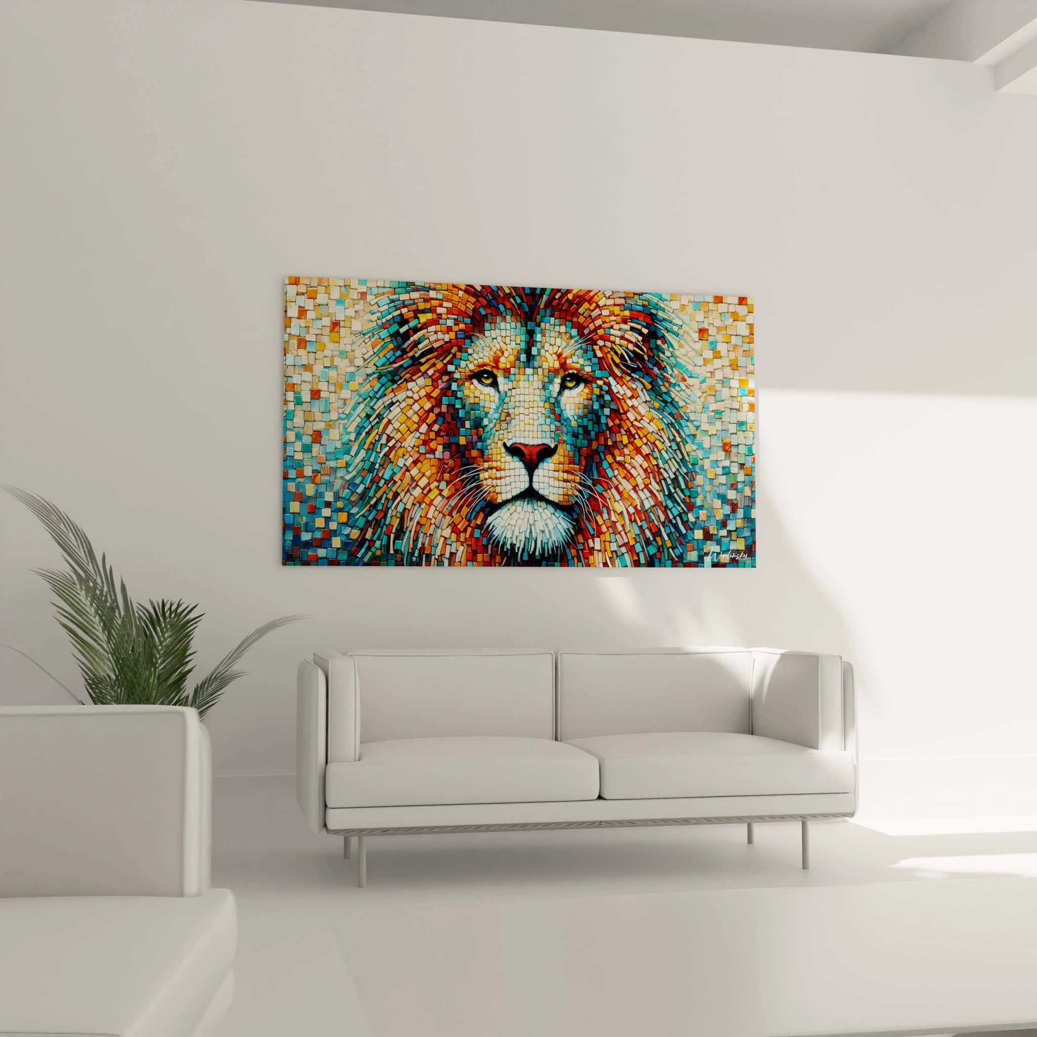 Ce tableau lion , suspendu au-dessus du canapé dans votre salon, apporte une touche artistique captivante. Son design en mosaïque colorée crée un contraste moderne et élégant dans tout intérieur.

