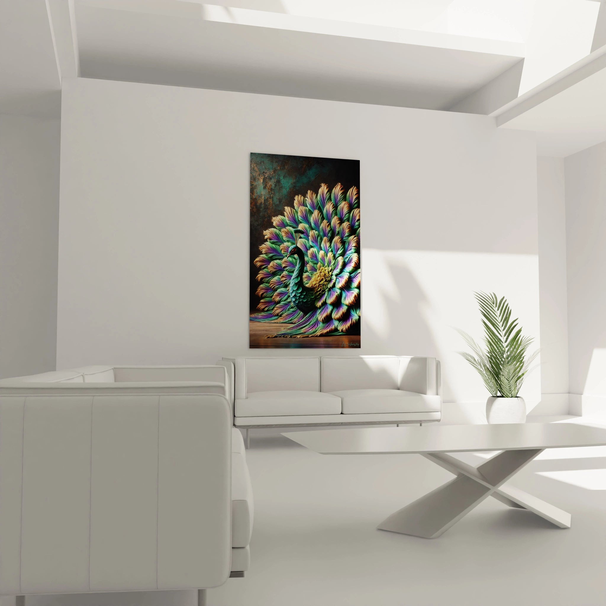 Ce tableau paon, suspendu au-dessus d’un canapé, apporte une atmosphère artistique et sophistiquée à votre salon. Les teintes vibrantes rehaussent la décoration intérieure.