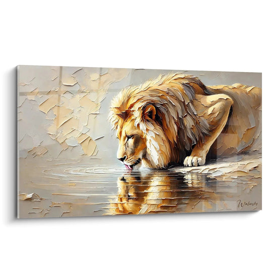 Découvrez ce tableau lion vu de biais, capturant l’instant apaisant du roi de la savane s’abreuvant paisiblement. Une œuvre texturée et lumineuse qui apporte sérénité et force.

