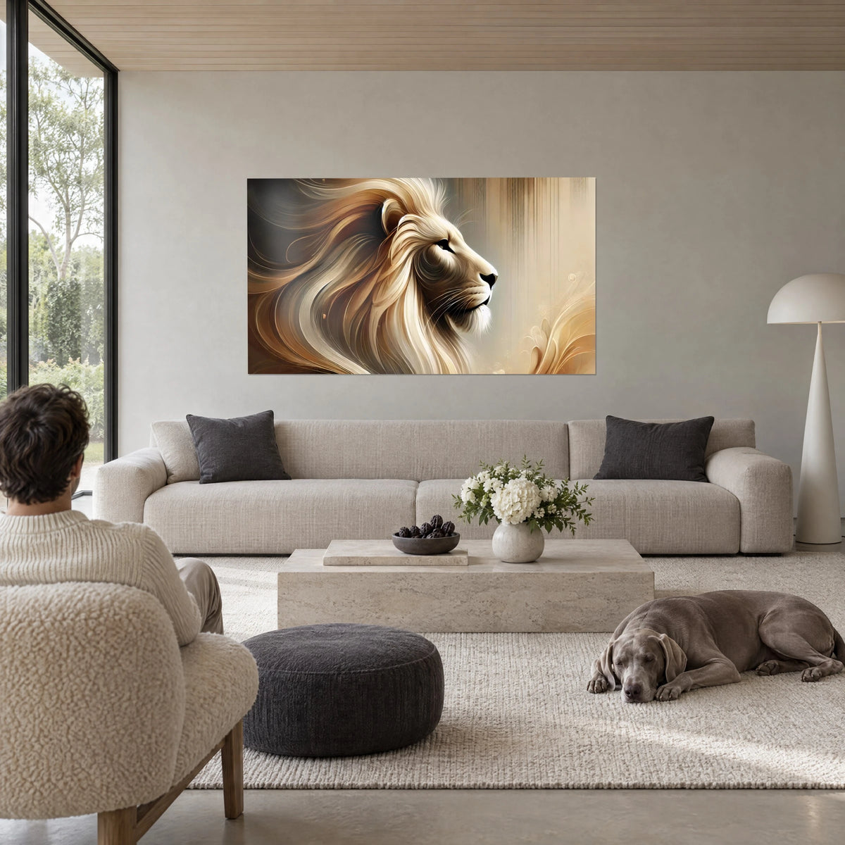 Wall art lion in profile with golden and cream mane, two people seen from behind, lying Weimaraner, above a sofa in a bright living room