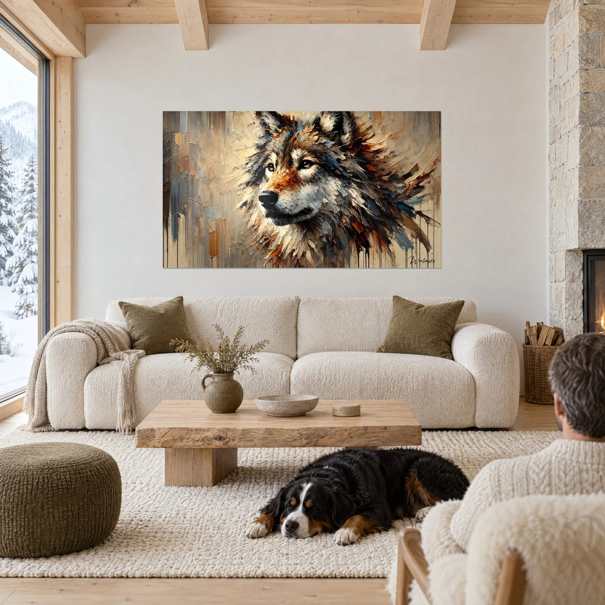 Cuadro retrato de lobo con pelaje gris, rojizo y azul, pinceladas gruesas con espátula, sobre un sofá en un salón luminoso