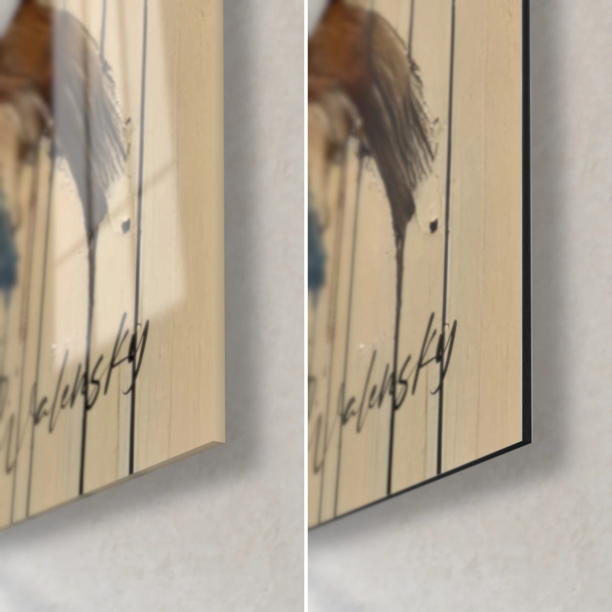 Cuadro lobo con tonos grises y rojizos, esquina inferior derecha en cristal acrílico brillante y aluminio Dibond mate, canto de 3 mm