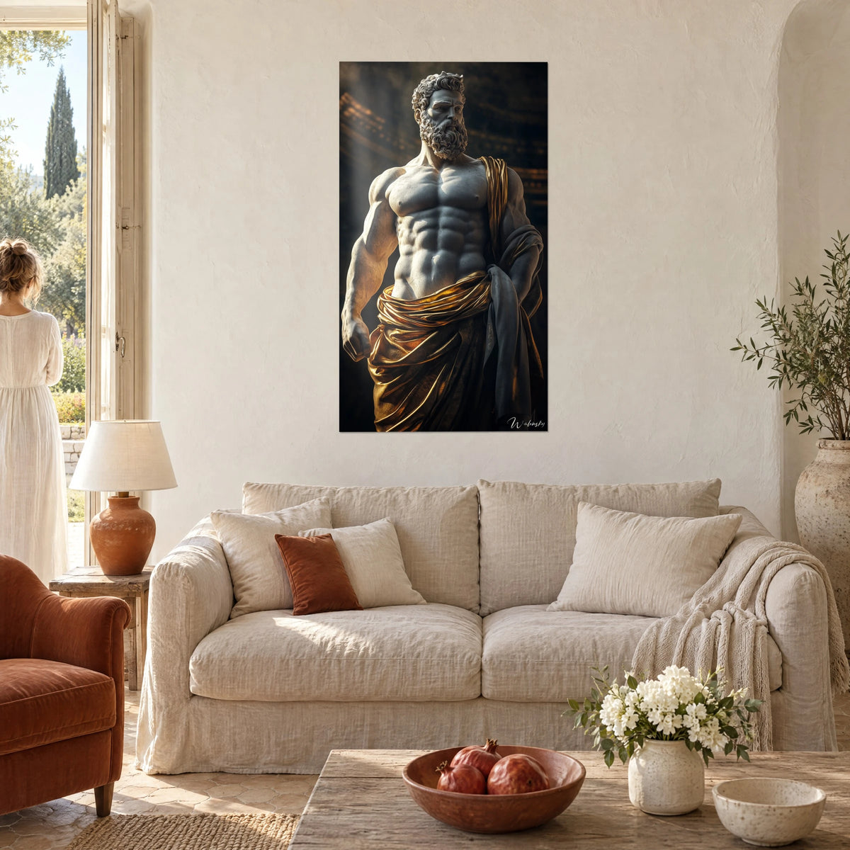 Wall art white marble statue draped in gold on a dark background, athletic torso and curly beard, above a sofa in a bright living room
