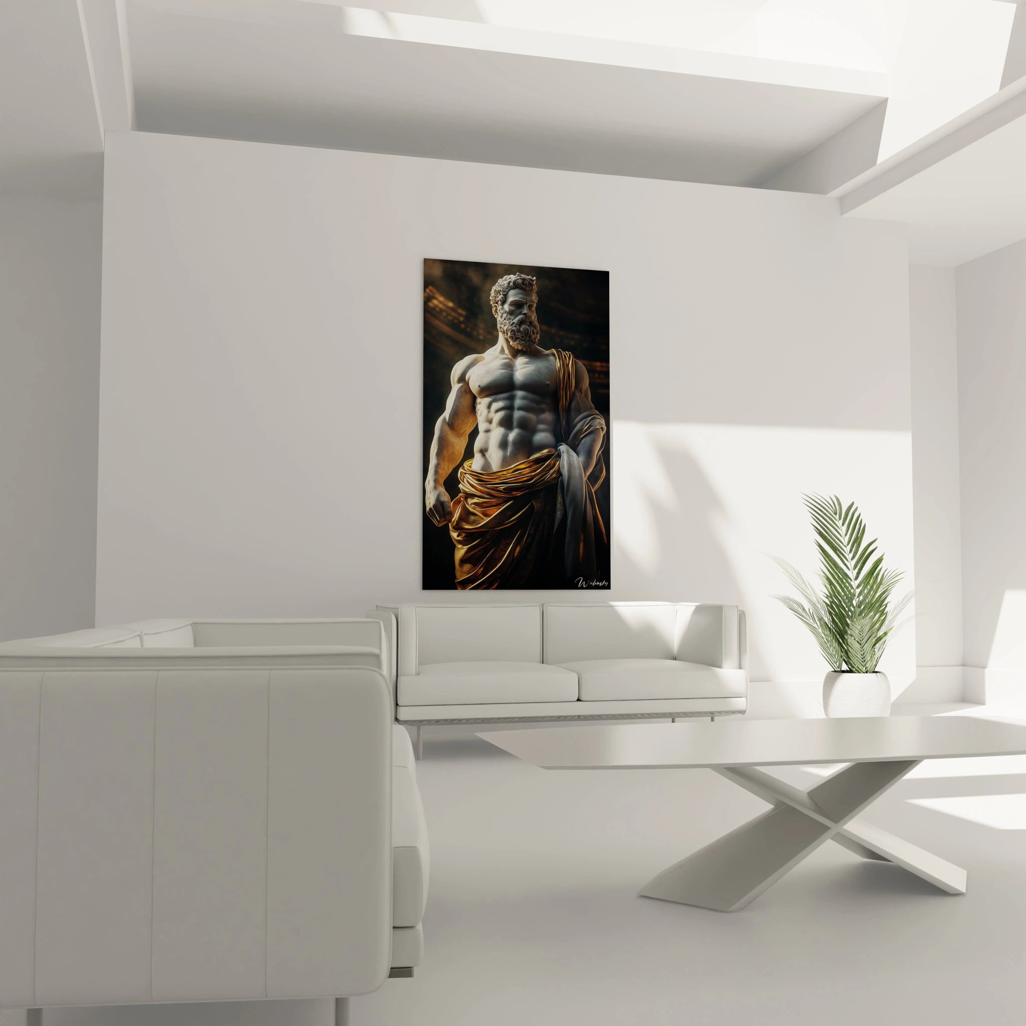 Un tableau mythologique figurant le roi Midas au corps sculpté en marbre blanc, partiellement couvert d'un tissu doré. La barbe fournie et les cheveux bouclés contrastent avec la peau lisse, évoquant le monarque légendaire et son don fatal de transformer la matière en or.

