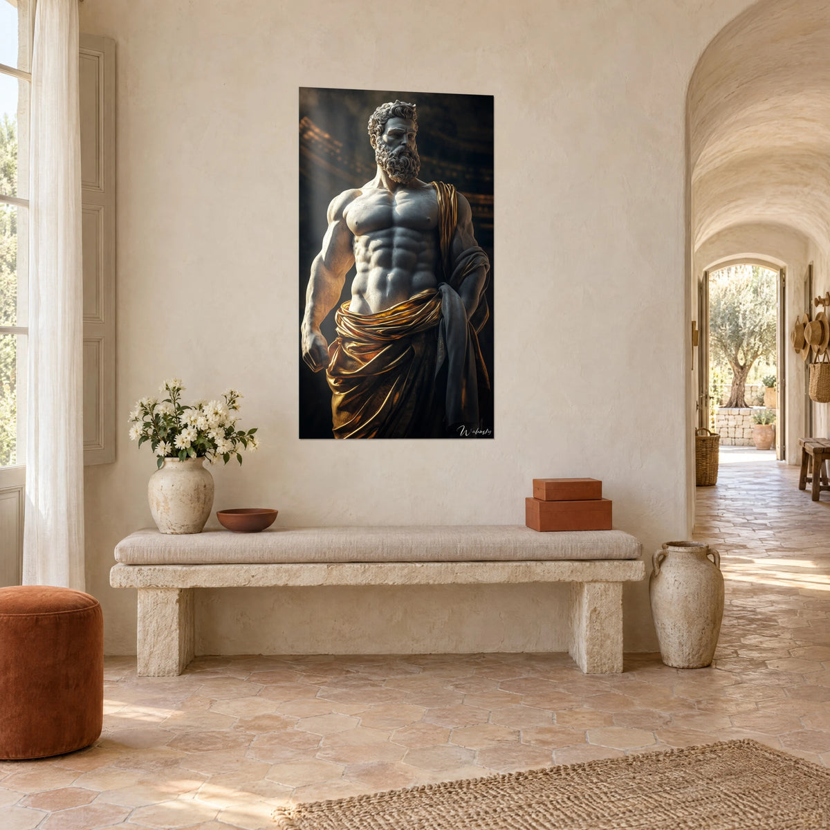 Wall art sculpted light marble King Midas, gold drape over the hips, stern gaze and copper reflections, in the vaulted entrance of a Provençal farmhouse