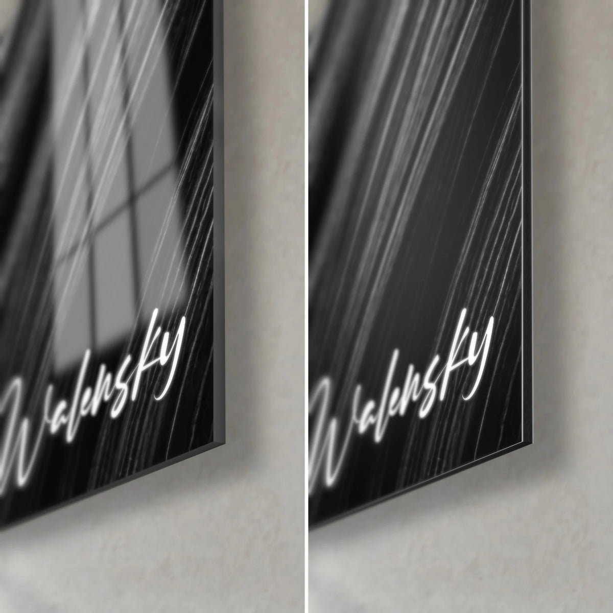 Wall art cat in profile, bottom right corner: glossy black glass on the left, matte grey Dibond on the right, white signature, 3 mm edge