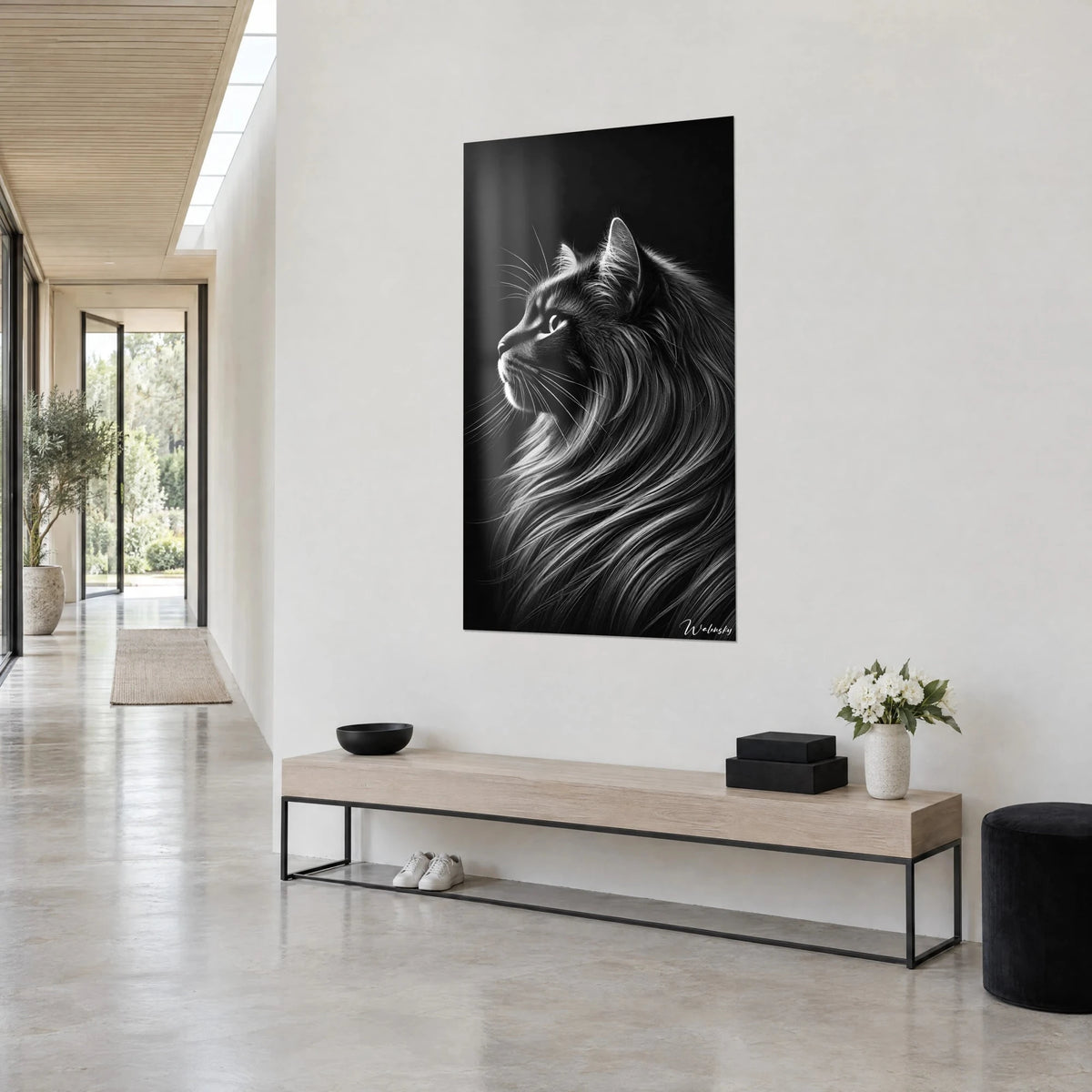 Wall art feline with long grey and white fur, ear raised, gaze to the left, light wall, wooden console and hallway