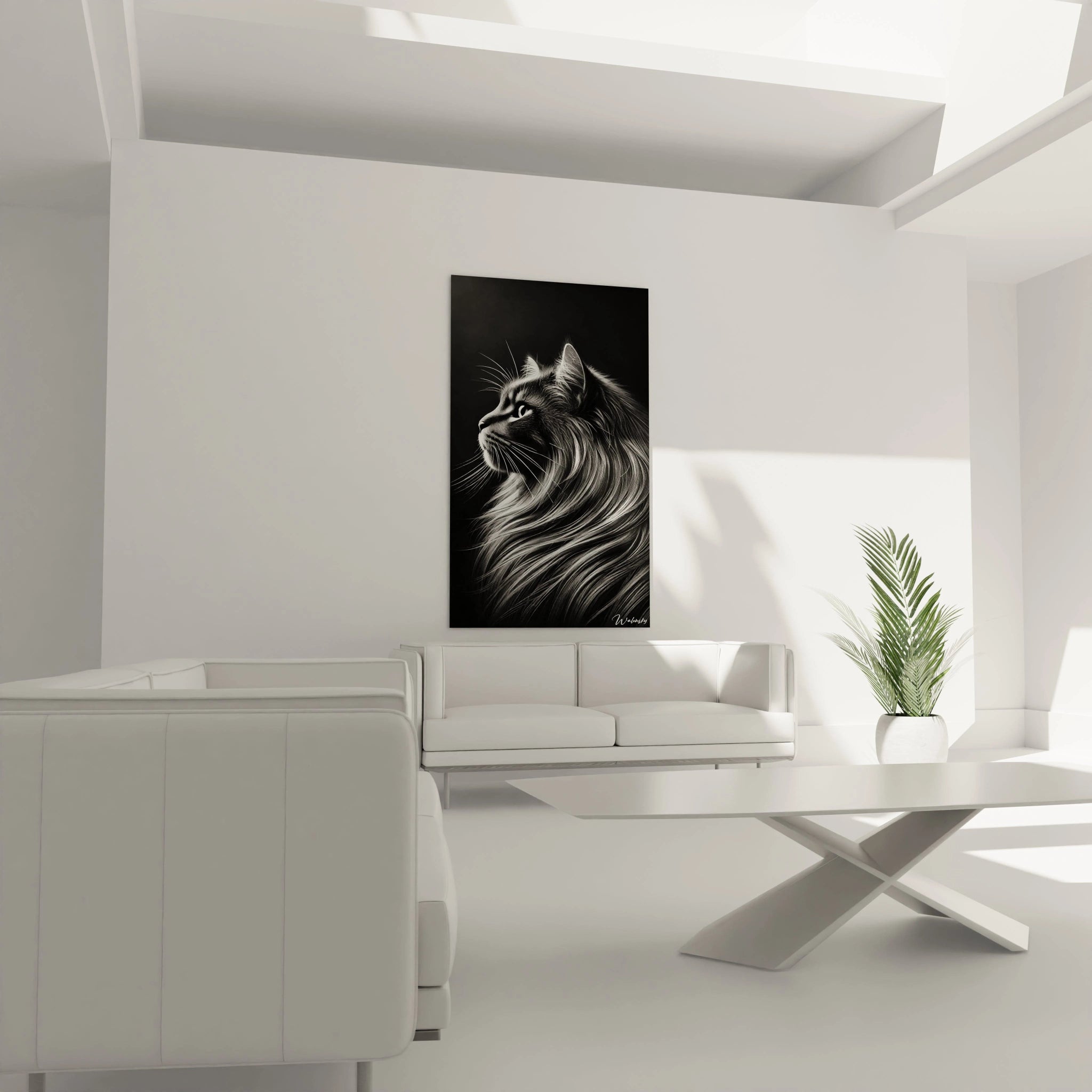 Sublimez votre salon avec ce tableau chat accroché au-dessus du canapé. La texture soyeuse de la fourrure et les contrastes profonds apportent une atmosphère raffinée et moderne à votre espace de vie.

