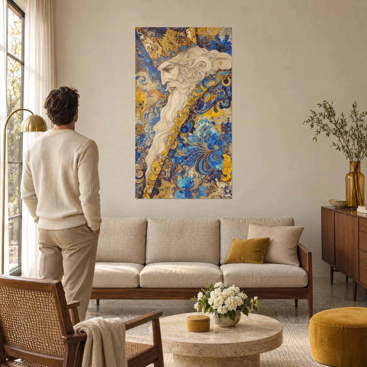 Wall art bearded king in profile, gilded crown on cobalt blue background, man seen from behind, above a sofa in a bright living room