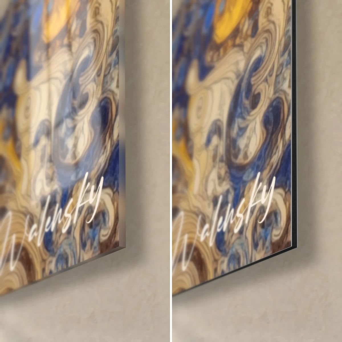 Wall art sovereign with white beard, bottom right corner: glossy acrylic glass with reflections on the left, matte black Dibond on the right, 3 mm edge