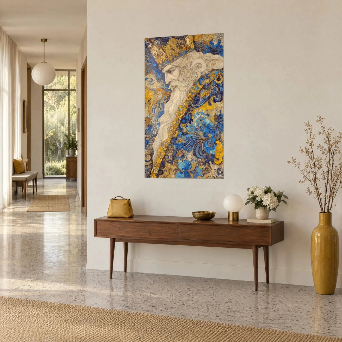 Wall art emperor with long ivory beard, golden and blue swirls, beige wall, wooden console and yellow vase, three-quarter view