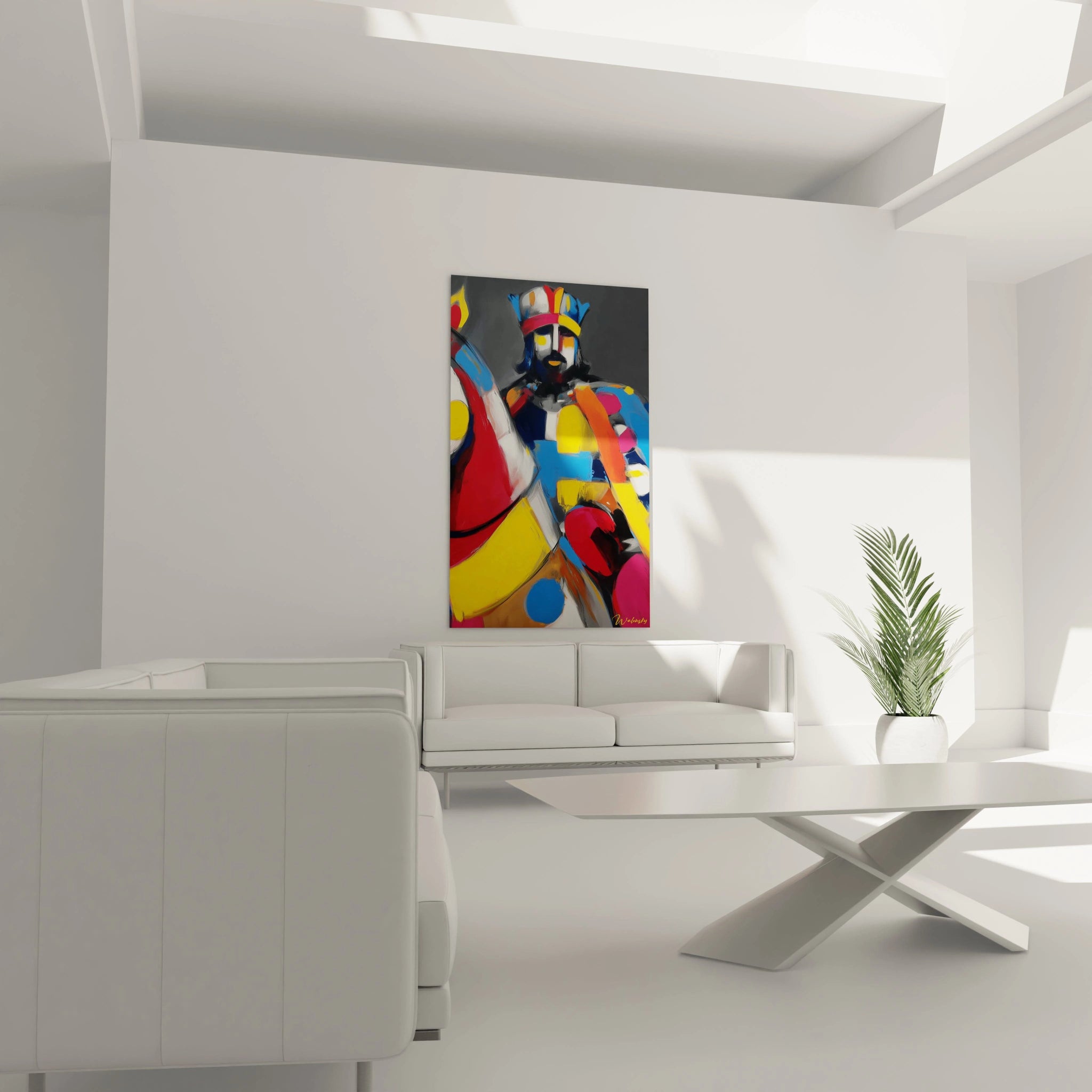 Tableau mural Walensky avec tableau roi géométrique coloré accroché au dessus d un canapé blanc minimaliste