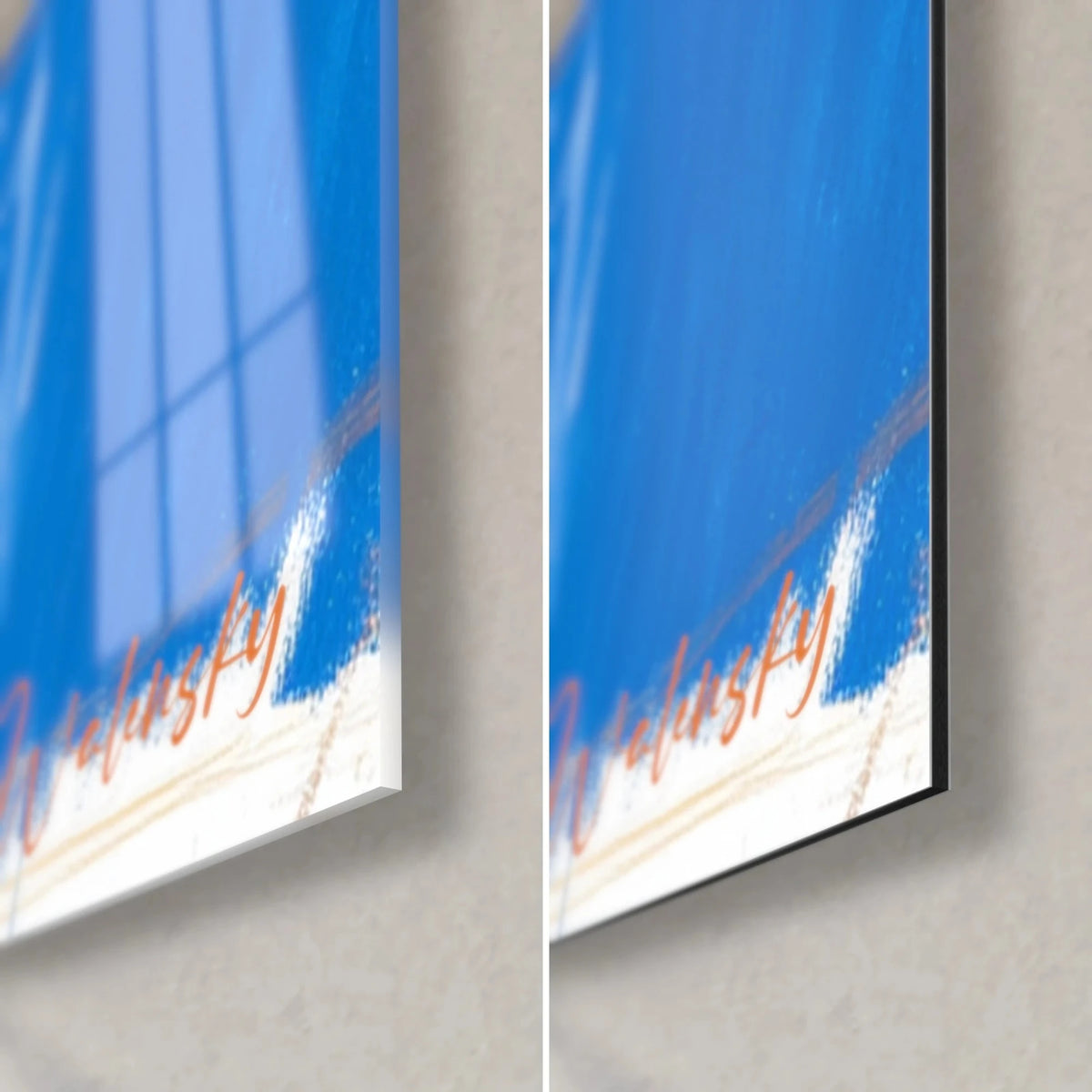 Gemälde Pastellbild eines Herrschers, untere rechte Ecke: orangefarbene Signatur auf Blau, glänzendes Acrylglas links, mattes Dibond rechts