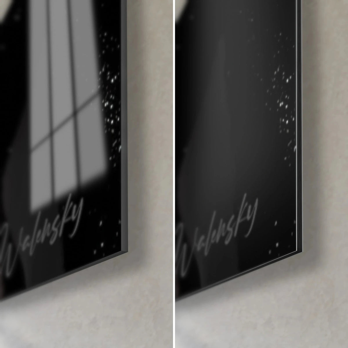 Quadro ritratto di coppia scuro, angolo in basso a destra: vetro acrilico lucido con riflessi, Dibond nero opaco, bordo da 3 mm e firma Walensky