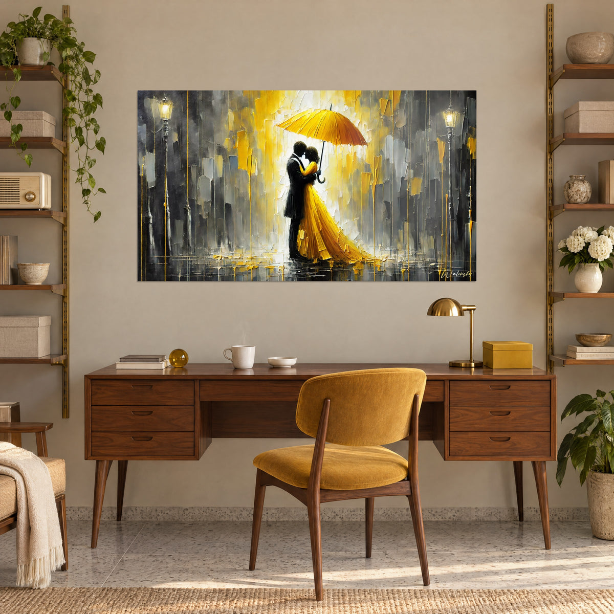Wall art pair of lovers under a sunshade umbrella, yellow palette-knife impasto on an anthracite background, hung above a wooden desk