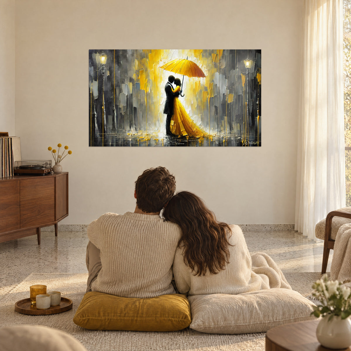 Wall art love scene under the downpour, lemon dress on wet paving stones, pearl grey and black, a couple seen from behind seated on mustard cushions