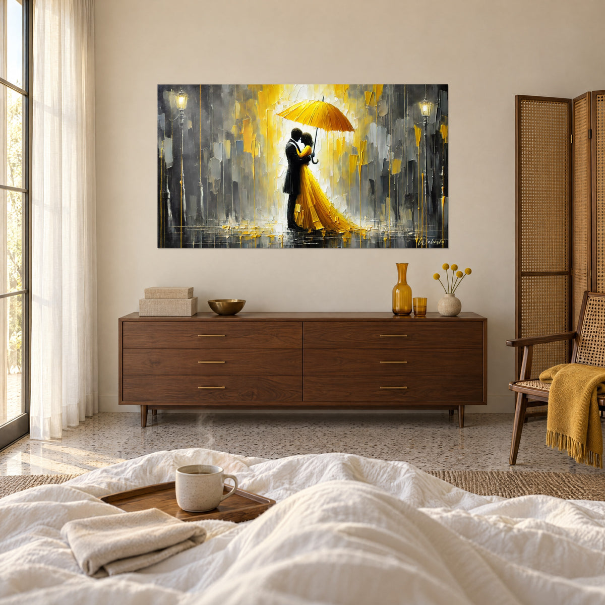 Wall art romantic embrace in the rainy city, ochre umbrella, black suit and street lamps, above a bed in a bright bedroom