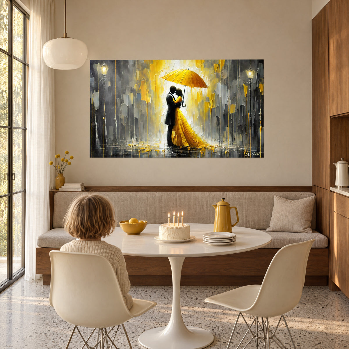 Wall art kiss in the rain, amber dress with a golden streak, silvery grey reflections, two people seen from behind in a living room, birthday celebration